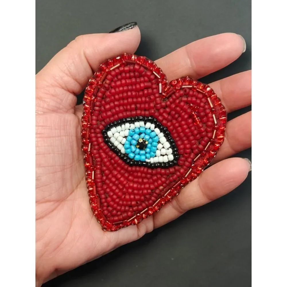 Designer's Murka Handmade Hand-Beaded Red Heart Brooch with Blue Evil Eye Accent